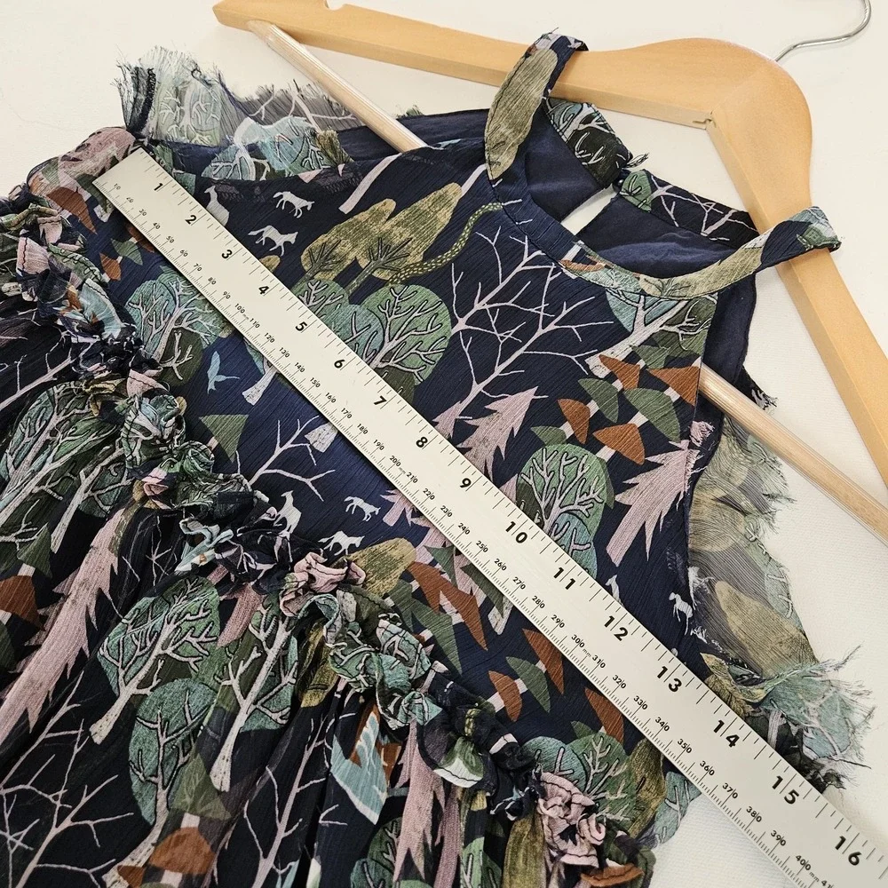 COROLCAT Dress Girls 7/8 Navy Blue Forest Animal Print Halter Tiered Ruffle Boho